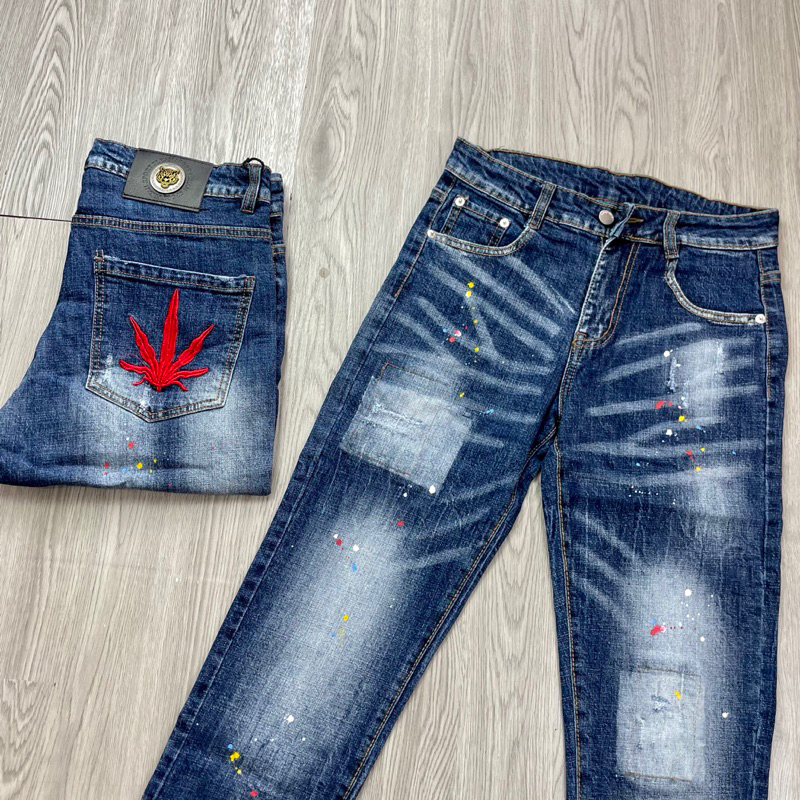 Quần Jeans Biker DSQ Phối Logo Lá Phong Đỏ Loang Màu Hàng Đẹp - Quần Jeans Bò Nam Dày Dặn Hot 2023