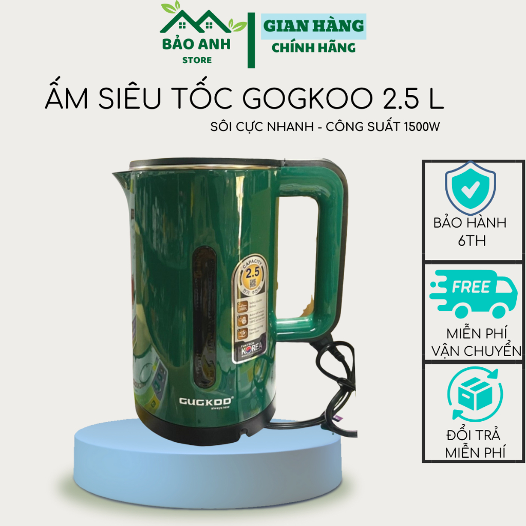 Ấm siêu tốc gogkoo 2.5l, ấm đun nước công suất lớn 1500w, cách nhiệt, tự ngắt khi sôi đồ gia dụng nhà bếp