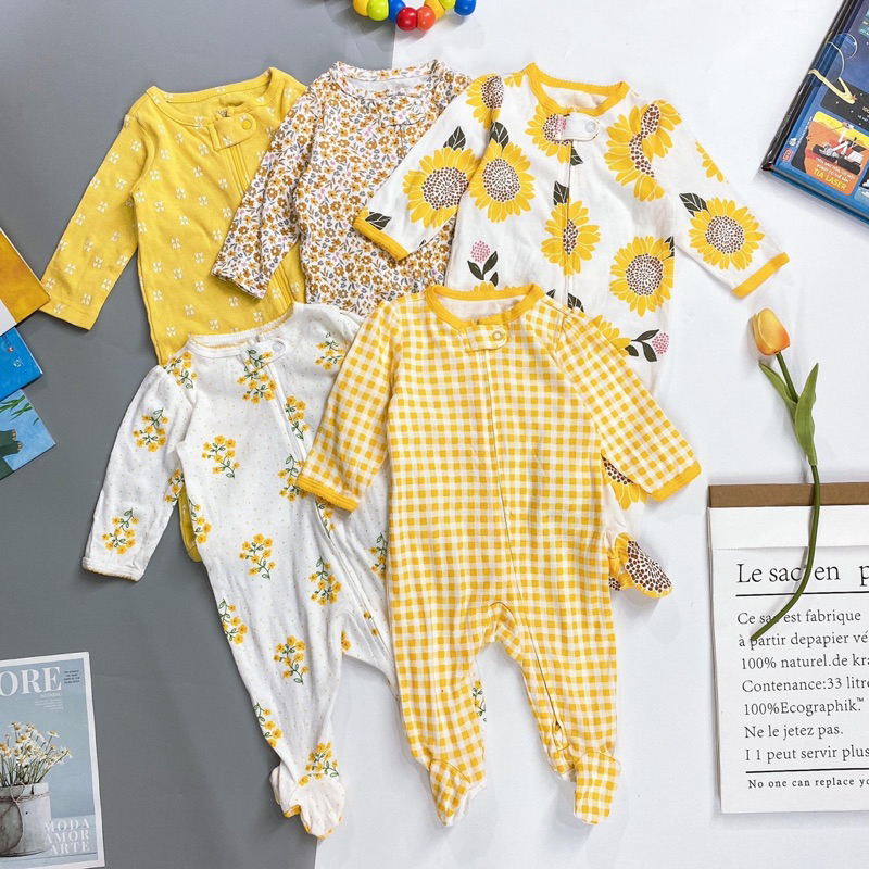 Sleepsuit 100% cotton nút gài, tay dài có vớ, bodysuit bộ đồ ngủ dài tay cho bé trai bé gái 3-18m