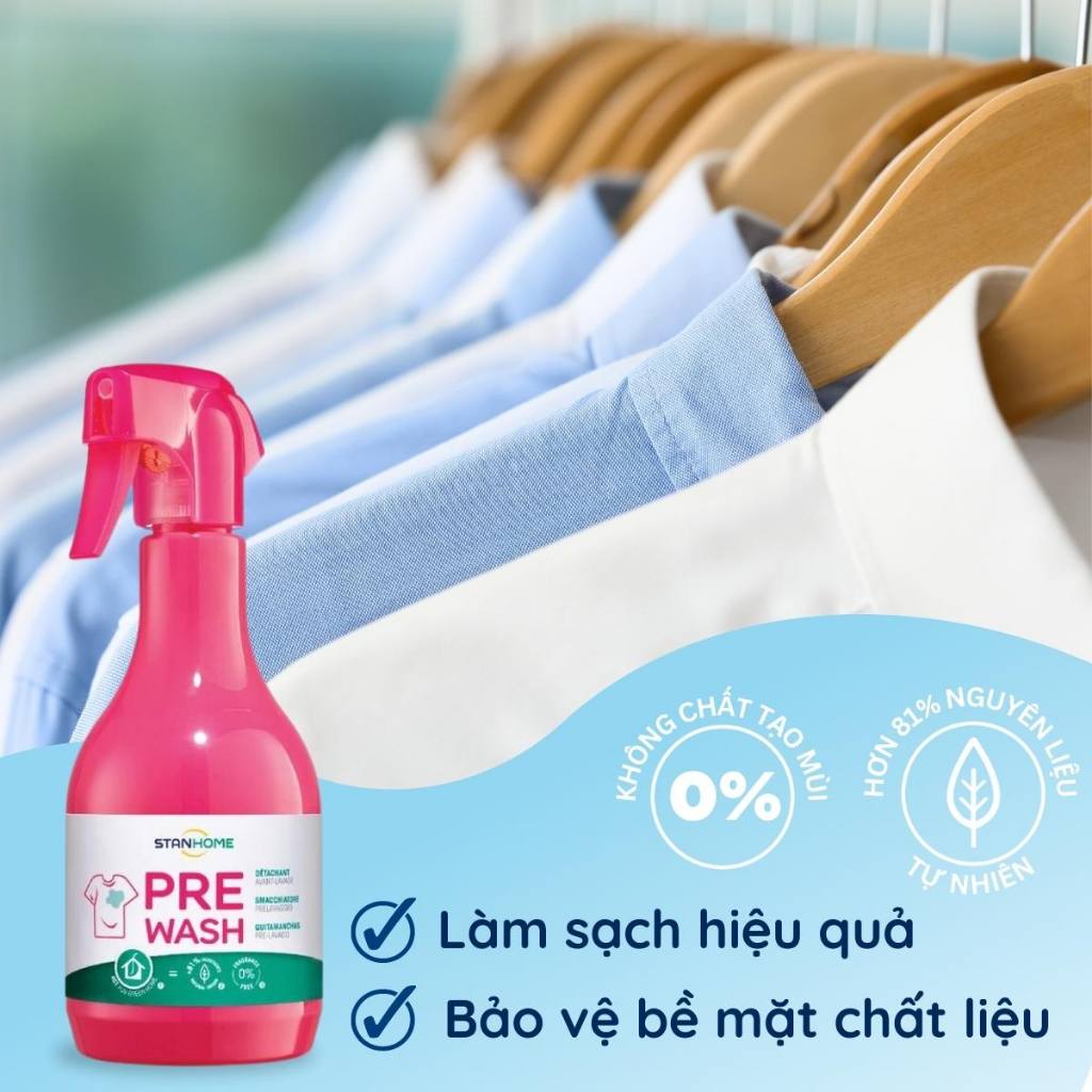 Xịt Xử Lý Vết Bẩn Quần Áo Trước Khi Giặt STANHOME Pre-Wash Làm Sạch Bằng Enzym Không Làm Phai Màu Kết Cấu Vải 500ML