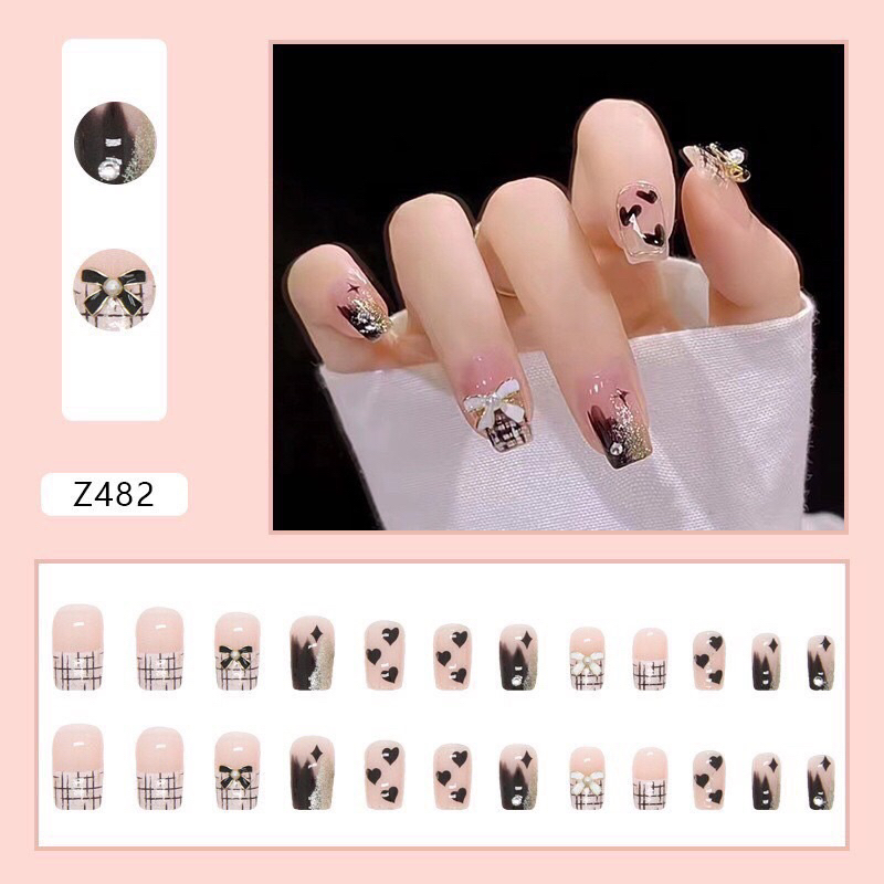 Nail Box 24 Móng Tay Giả Ngắn Màu Hồng Đính Đá Đơn Giản Kèm Keo Dán M197