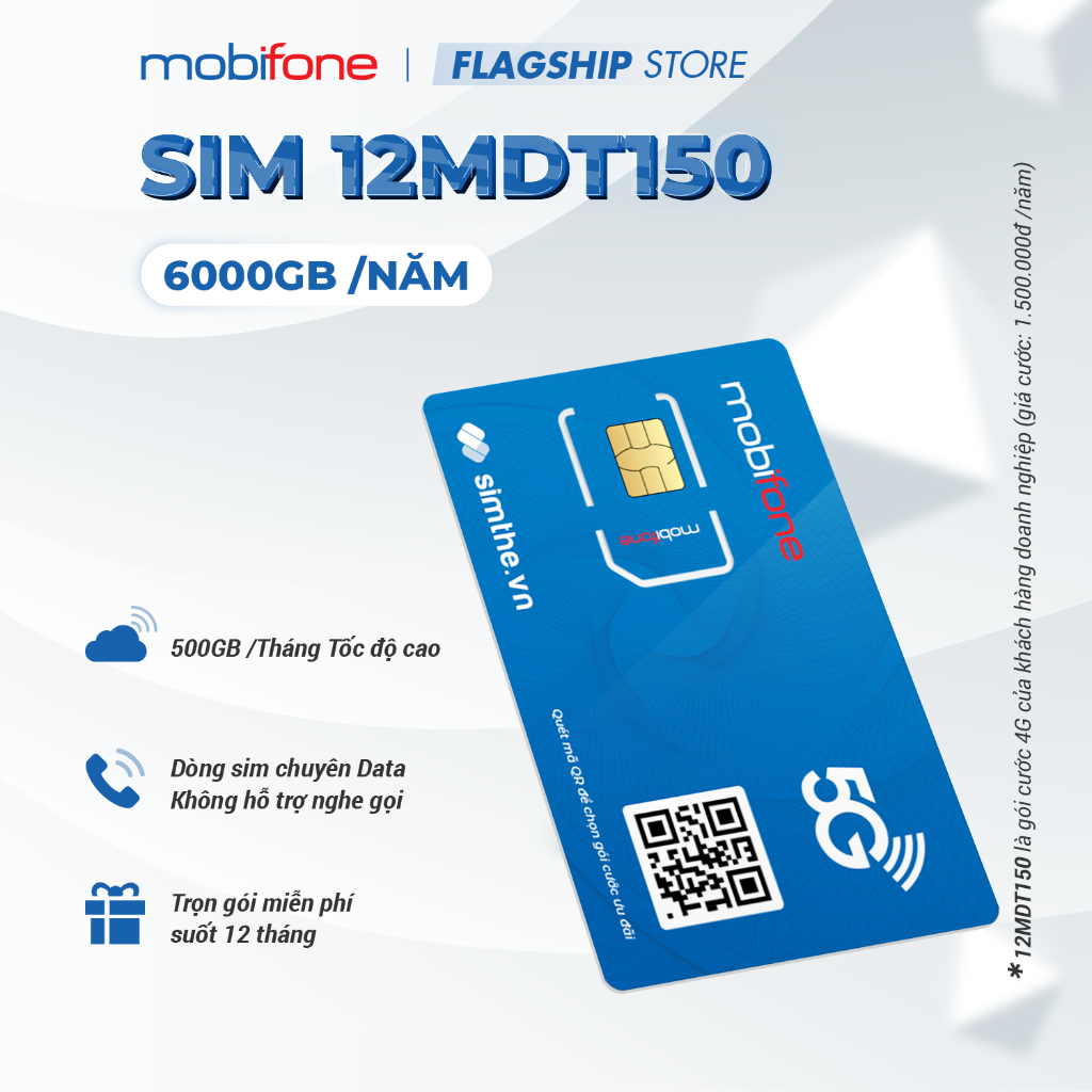 [MIỄN PHÍ 1 NĂM] Sim 4G Mobifone 12MDT150 Data 500GB/Tháng (6000GB/Năm) Tốc Độ Cao. Trọn Gói 12 Tháng Không Cần Nạp Tiền