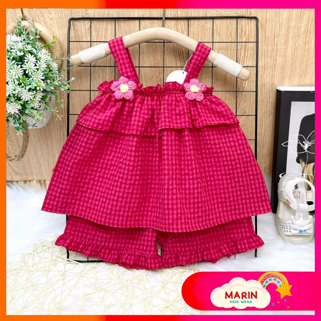 Bộ cho bé gái, Set bộ bé gái kẻ 2 dây đính hoa dễ thương, Set bộ hai dây đi học bé gái từ 1-5 tuổi Marin Kids M18