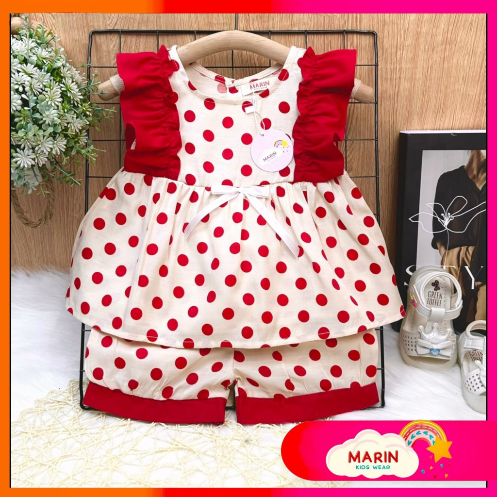 Đồ bộ cho bé gái, Set bộ bé gái từ 1-6 tuổi họa tiết chấm bi phối áo cánh tiên xinh xắn Marin Kids M19