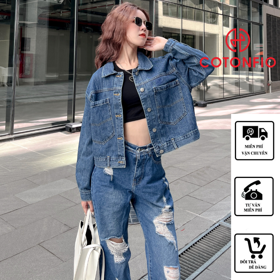Áo Khoác Jeans Nữ Dáng Croptop Túi Đắp Thân Sau Cào Rách Thời Trang 8078