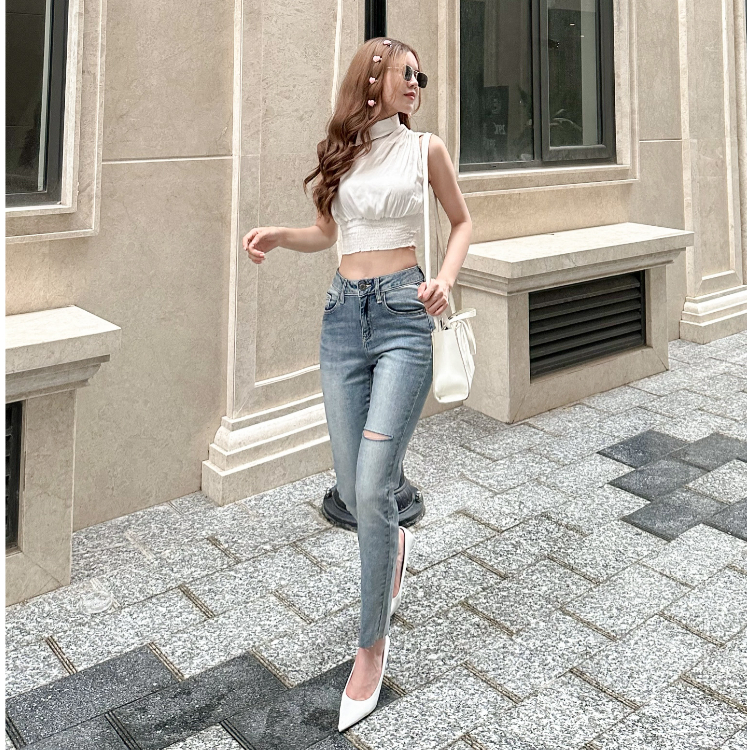 Quần Jean Nữ Skinny Rách Gối 8096