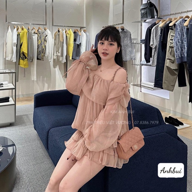 Set Bộ Đồ Nữ Tơ Hồng Áo Tơ Nhũ Trễ Vai Dài Tay Bèo Chun Gấu Mix Chân Váy Viền Bèo 2 Lớp Freesize