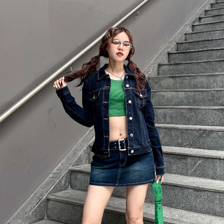 Áo Khoác Bò Jacket Jeans Nữ Trơn Form Vừa Xanh Đậm basic năng động hot trend 8063