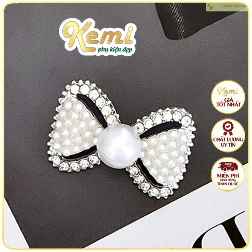Nơ cài áo sơ mi viền ngọc điểm tâm viên lớn size 3x2 cm, tag nơ trắng sáng xinh xắn