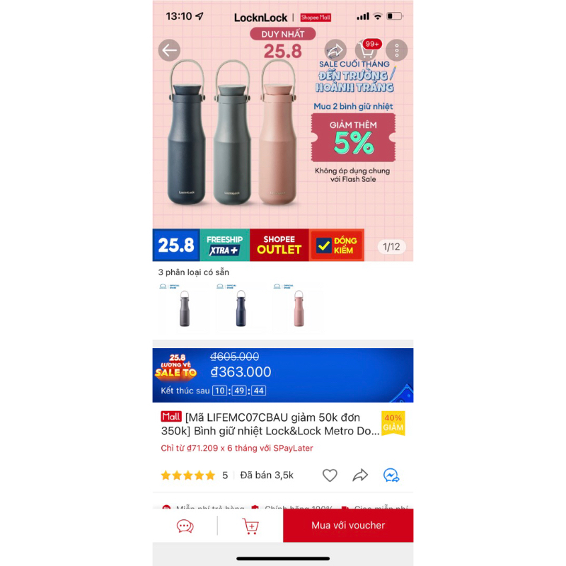 Bình giữ nhiệt lock & lock màu hồng