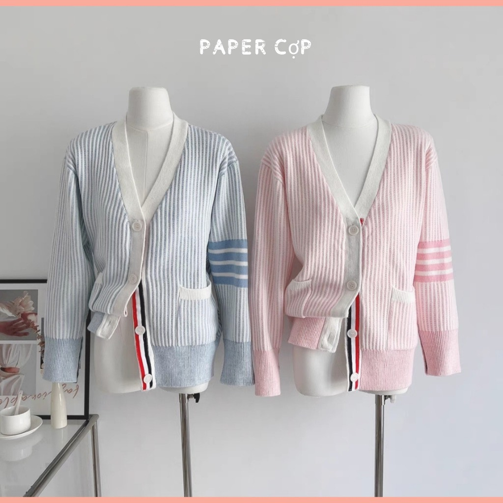 Quà tặng trang sức chun Áo khoác len cardigan xanh hồng baby quảng châu cao cấp khuy tay kẻ sọc mùa đông tiểu thư | BigBuy360 - bigbuy360.vn