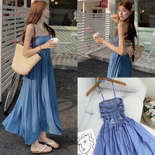 Đầm jean nhún ngực form dài dây cổ freesize Pumi 15018