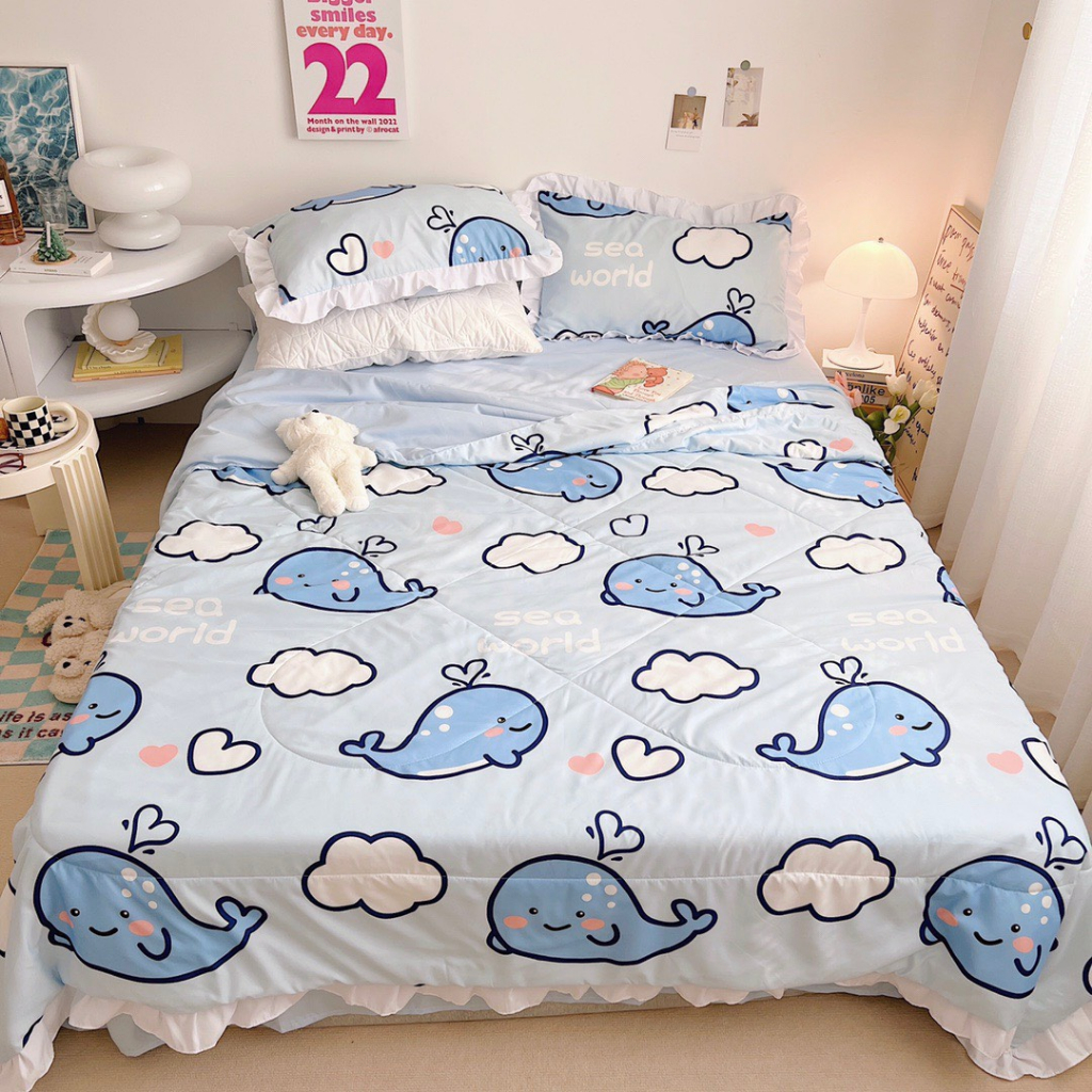 Bộ Chăn Ga Gối Cotton Đũi Bánh Bèo Xinh Chăn Chần Hè Hàng Có Sẵn
