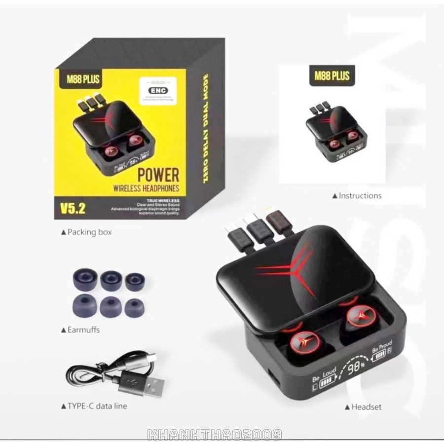 Tai nghe bluetooth Gaming V5.3 M88 Plus cảm ứng, màn hình led, chống nước ipx7, kiêm sạc dự phòng - KT209