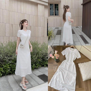 Đầm Midi ren suông tầng trắng kềm váy lót trong. Set 2 món dáng dài thiết kế cao cấp
