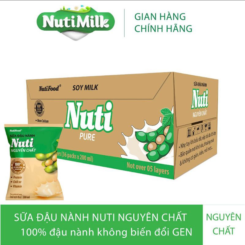 Thùng 36 bịch Sữa Đậu Nành Nuti Nguyên Chất Canxi 200ml