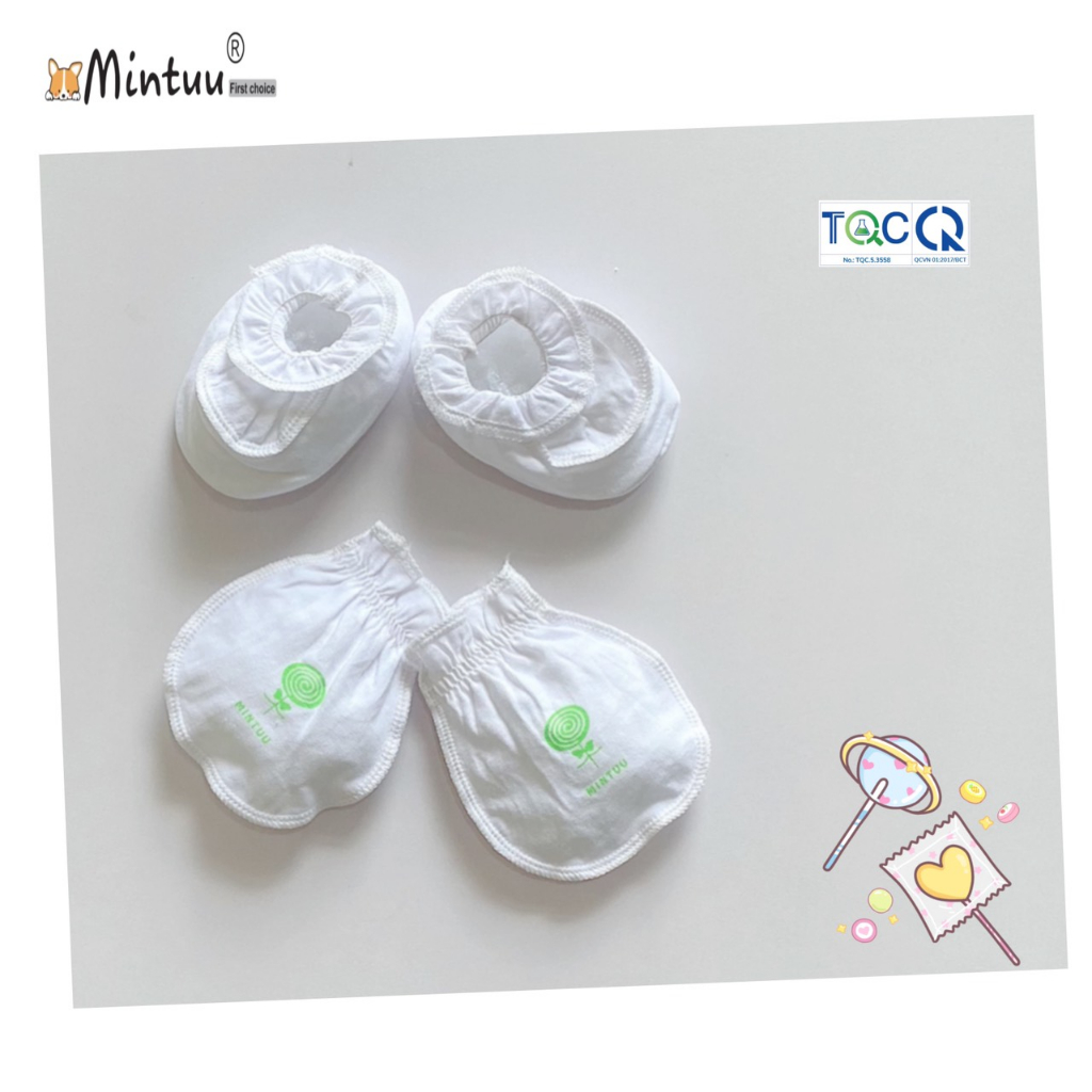 Bao tay bao chân sơ sinh trắng cổ thun, chất liệu vải 100% cotton thương hiệu MINTUU