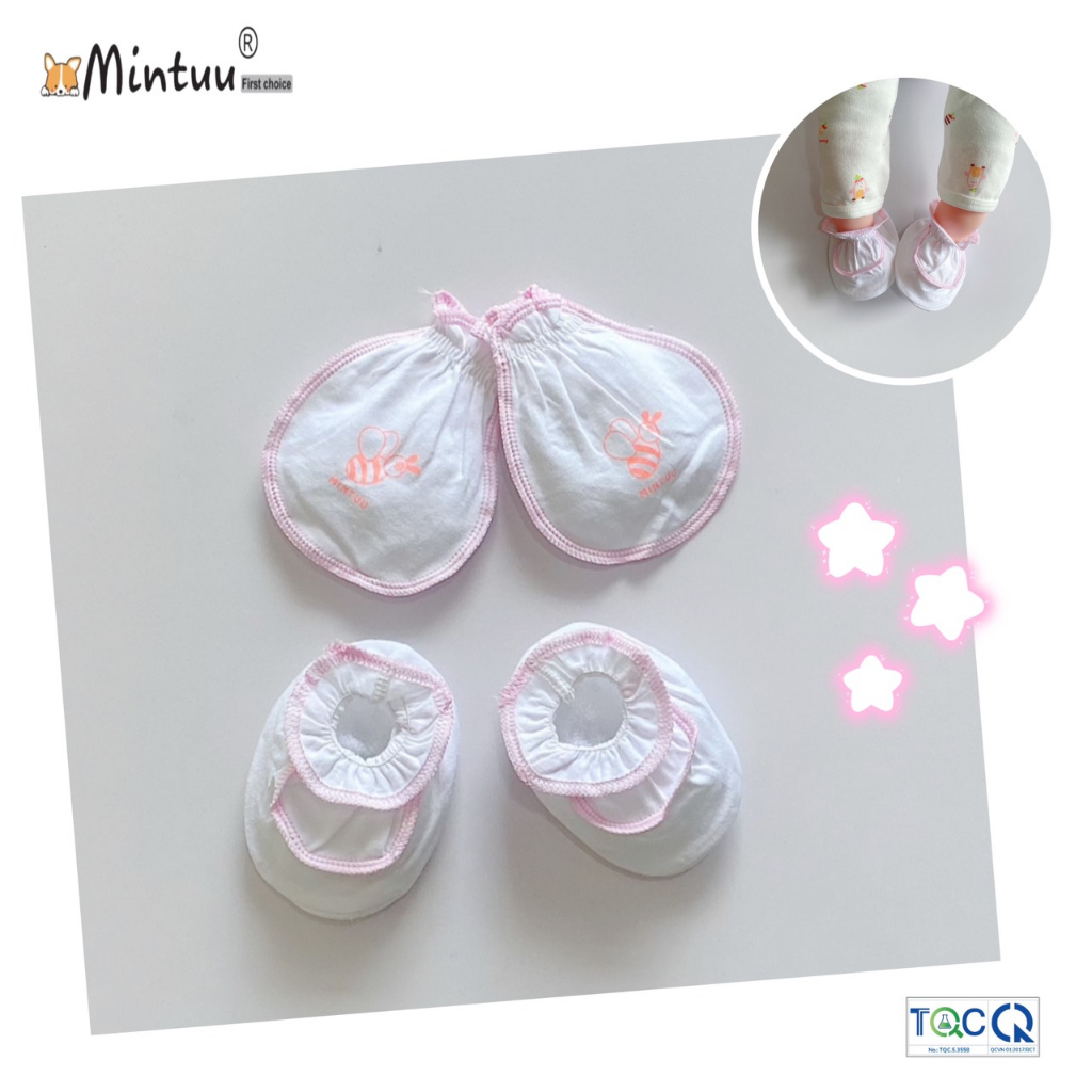 Bao tay bao chân sơ sinh trắng cổ thun, chất liệu vải 100% cotton thương hiệu MINTUU