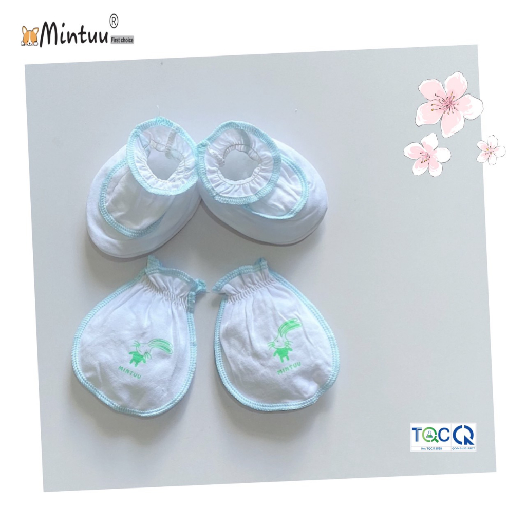 Bao tay bao châncho bé sơ sinh trắng cổ thun, vải 100% cotton thương hiệu MINTUU