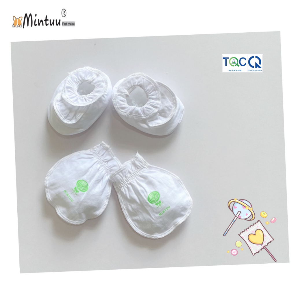 Bao tay bao châncho bé sơ sinh trắng cổ thun, vải 100% cotton thương hiệu MINTUU