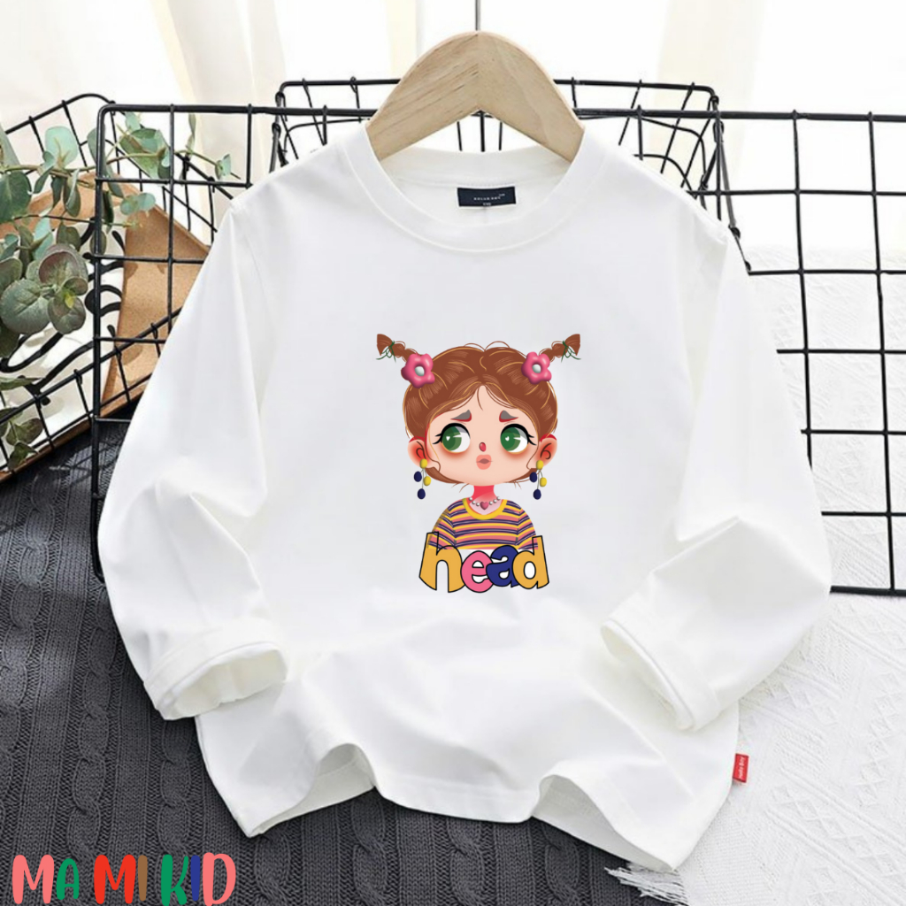 Áo Cho Bé Thu Đông Tay Dài, Áo Phông Dài Tay Cho Bé hình CÔ GÁI dễ thương, chất cotton 4 chiều
