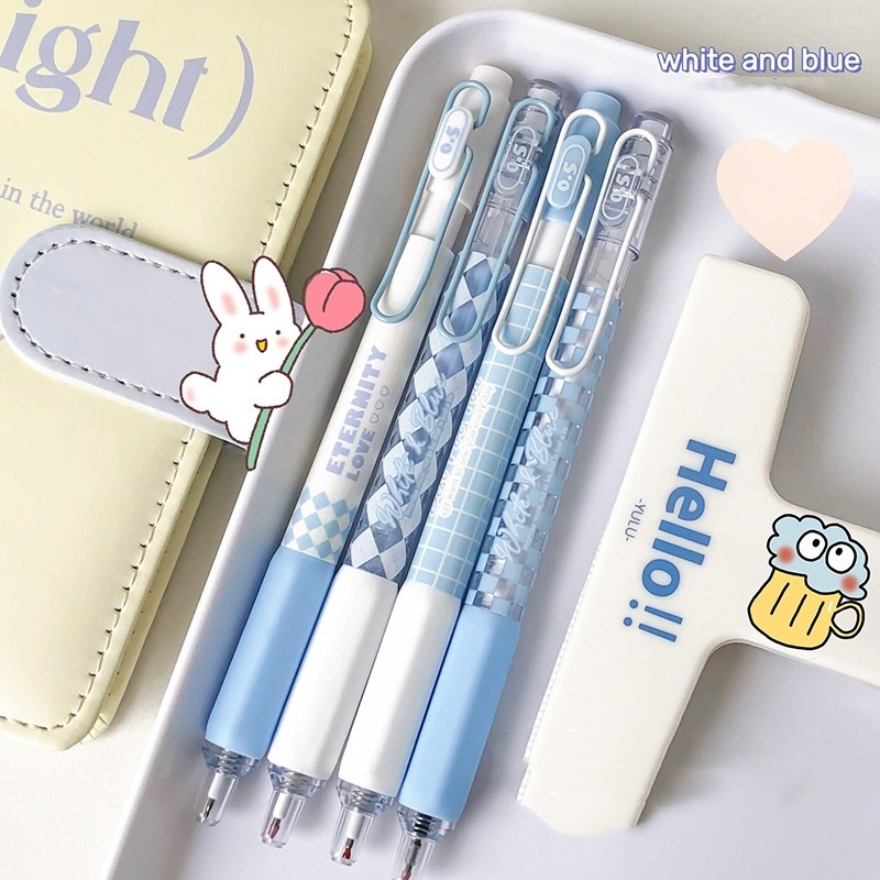 Bút bi bấm Mura 8152 nắp cài sắt bấm nút ngòi mực 0.5mm họa tiết caro cho học sinh