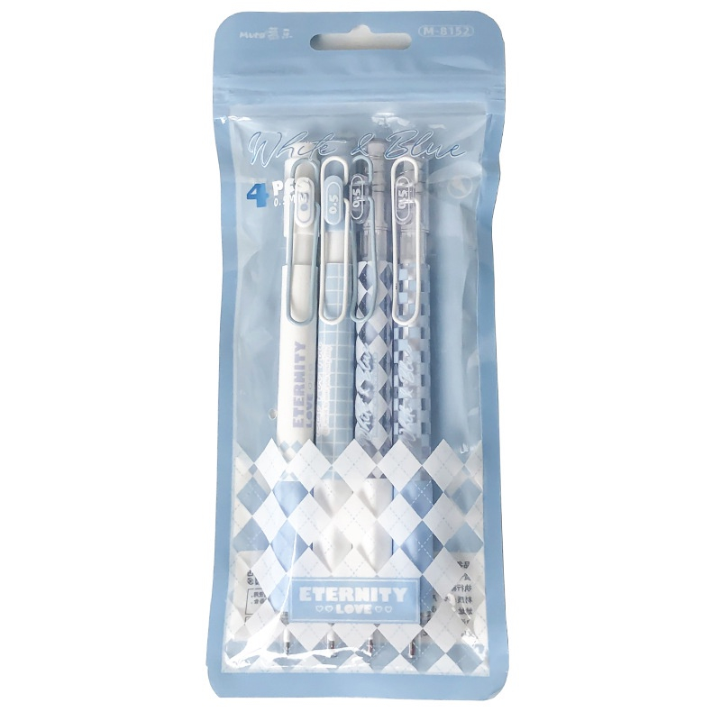 Bút bi bấm Mura 8152 nắp cài sắt bấm nút ngòi mực 0.5mm họa tiết caro cho học sinh