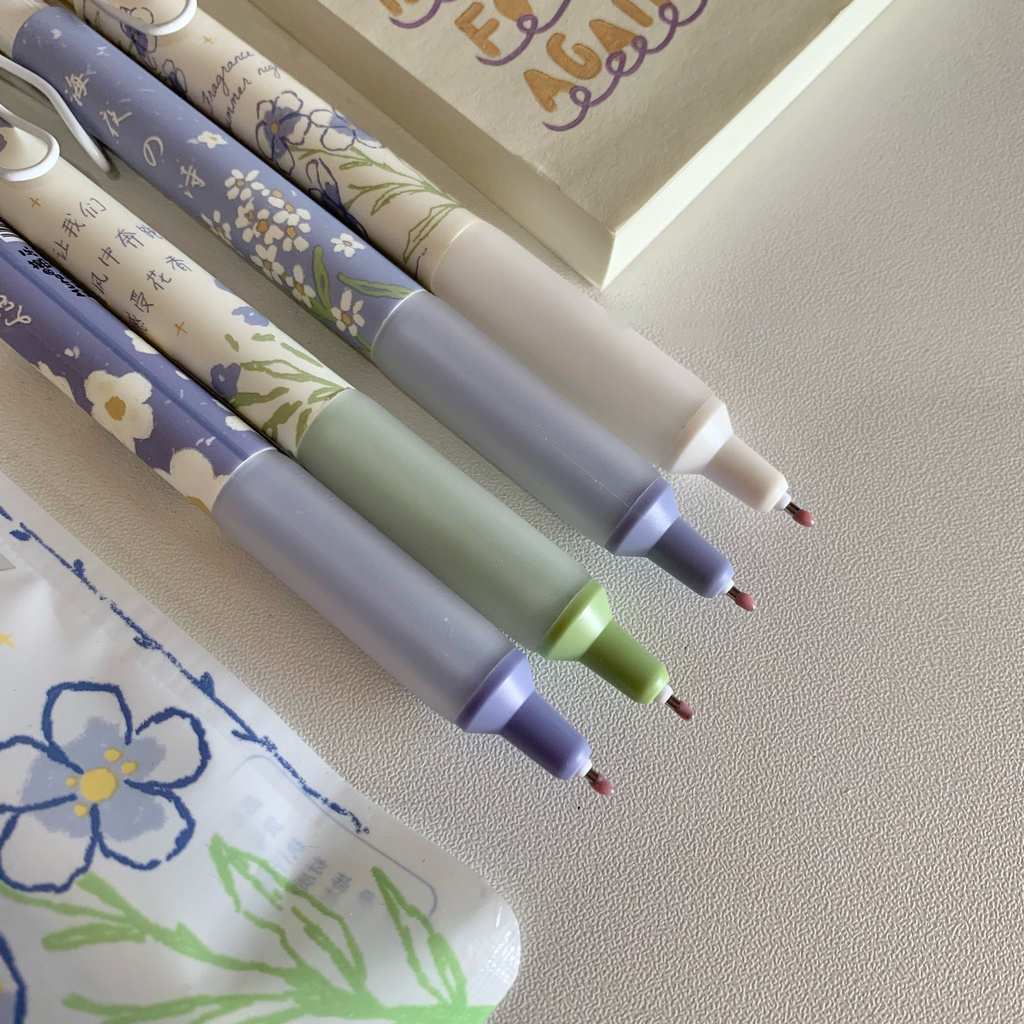 Bút bi bấm Mura 8172 mực đen xanh khô nhanh ngòi 0.5mm họa tiết hình hoa cúc nhỏ xinh xắn