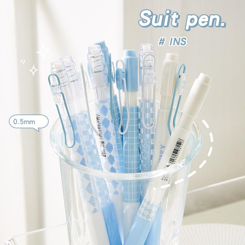 Bút bi bấm Mura 8152 nắp cài sắt bấm nút ngòi mực 0.5mm họa tiết caro cho học sinh