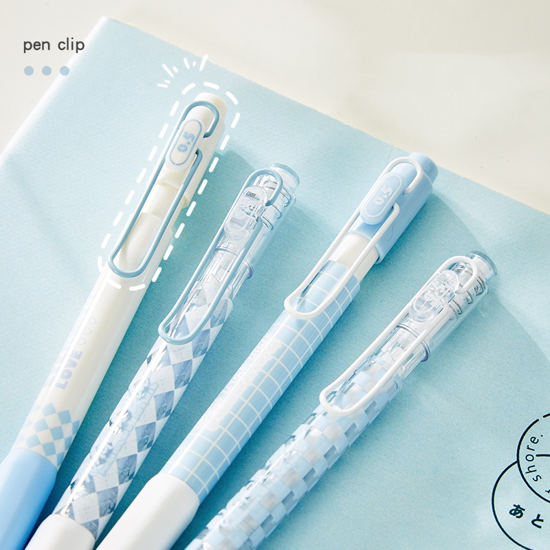 Bút bi bấm Mura 8152 nắp cài sắt bấm nút ngòi mực 0.5mm họa tiết caro cho học sinh