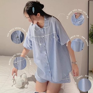 Tn11 bộ pyjama đùi xốp cổ sen