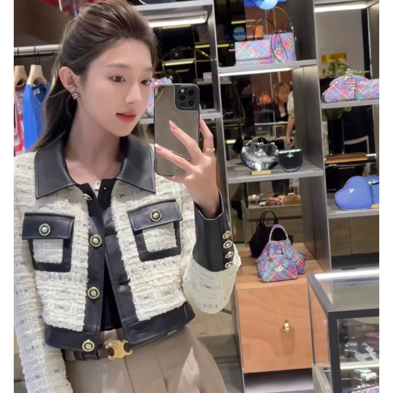 Áo Dạ Tweed Dáng Lửng Phối Da Phong Cách Sang Chảnh Tiểu Thư Thu Đông_Hàng Order QCCC