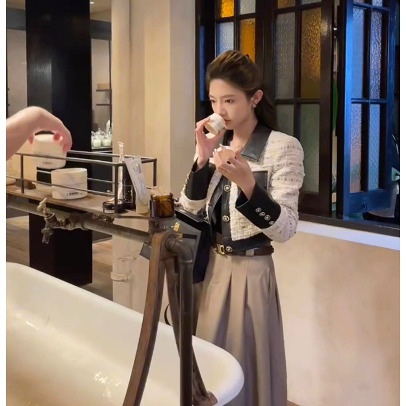 Áo Dạ Tweed Dáng Lửng Phối Da Phong Cách Sang Chảnh Tiểu Thư Thu Đông_Hàng Order QCCC