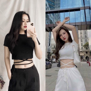 Áo croptop ngắn tay đan eo sexy - áo thun croptop dây buộc eo gợi cảm quanaophukien