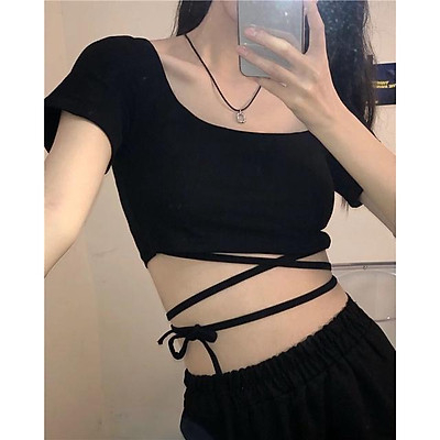 Áo Croptop Ngắn Tay Đan Eo Sexy - Áo Thun Croptop Dây Buộc Eo Gợi Cảm QUANAOPHUKIEN