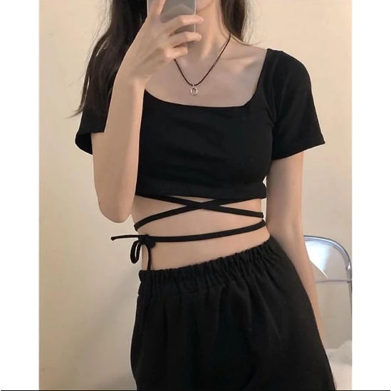 Áo Croptop Ngắn Tay Đan Eo Sexy - Áo Thun Croptop Dây Buộc Eo Gợi Cảm QUANAOPHUKIEN