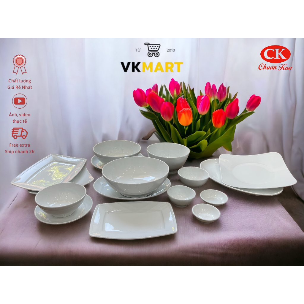 Bát đĩa bàn ăn sứ trắng CK cao cấp Phù hợp dùng trong gia đình, nhà hàng, khách sạn – An toàn với lò vi sóng