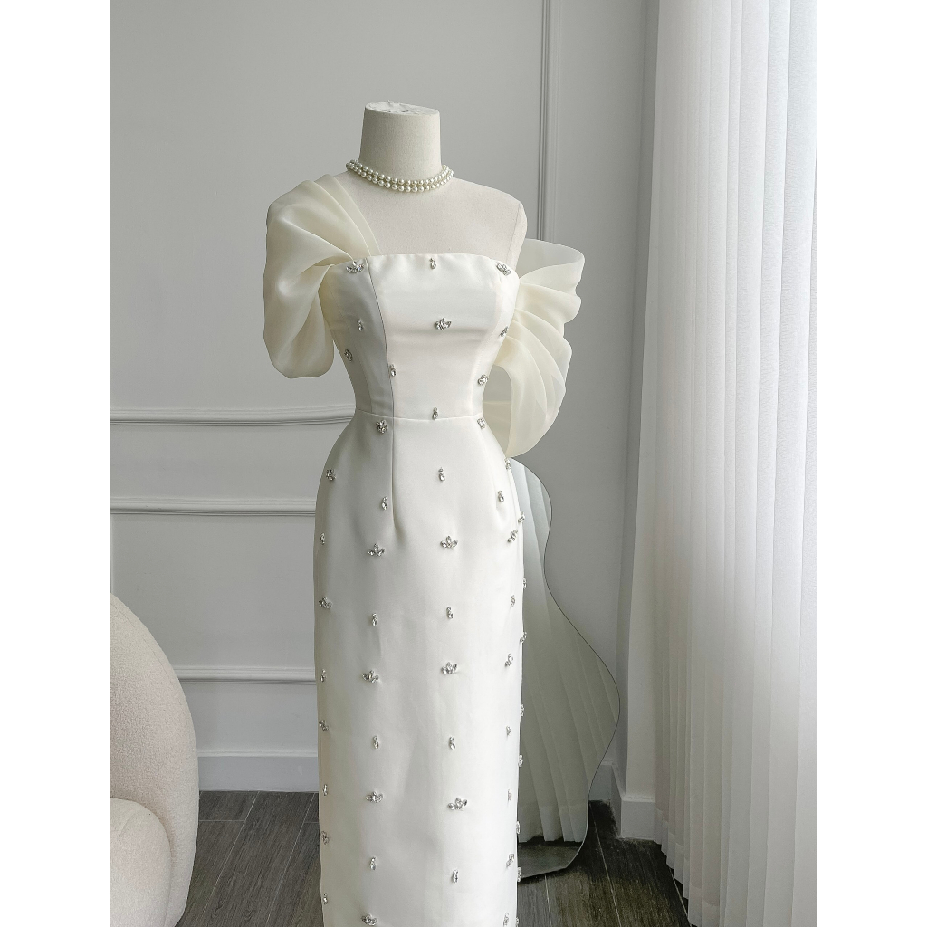 ĐẦM TAFFTA BẸT LỆCH VAI ORGANZA NƠ LƯNG ĐÍNH ĐÁ FULL