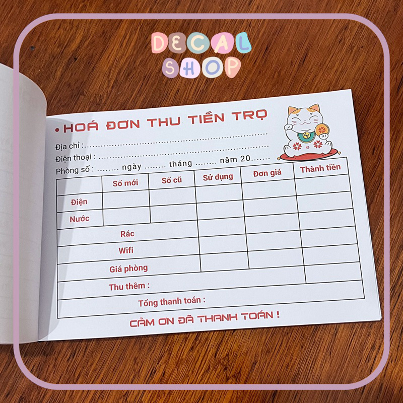 Hoá Đơn Thu Tiền Trọ - Cuốn 50 Tờ - Giấy 80gsm