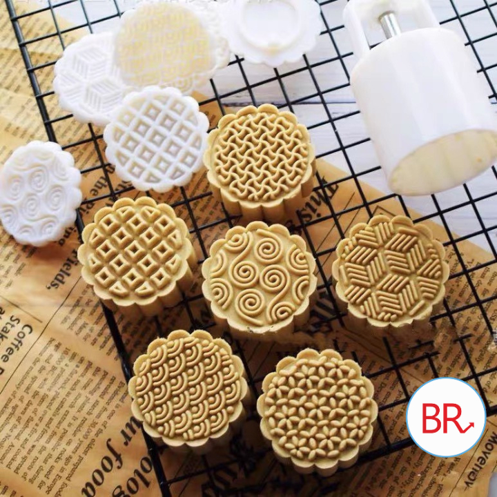 Khuôn làm bánh Trung Thu, Khuôn ép bánh nướng, bánh dẻo kèm 6 mặt hình hoa, thú dễ thương, Khuôn bánh Phục Linh 02038