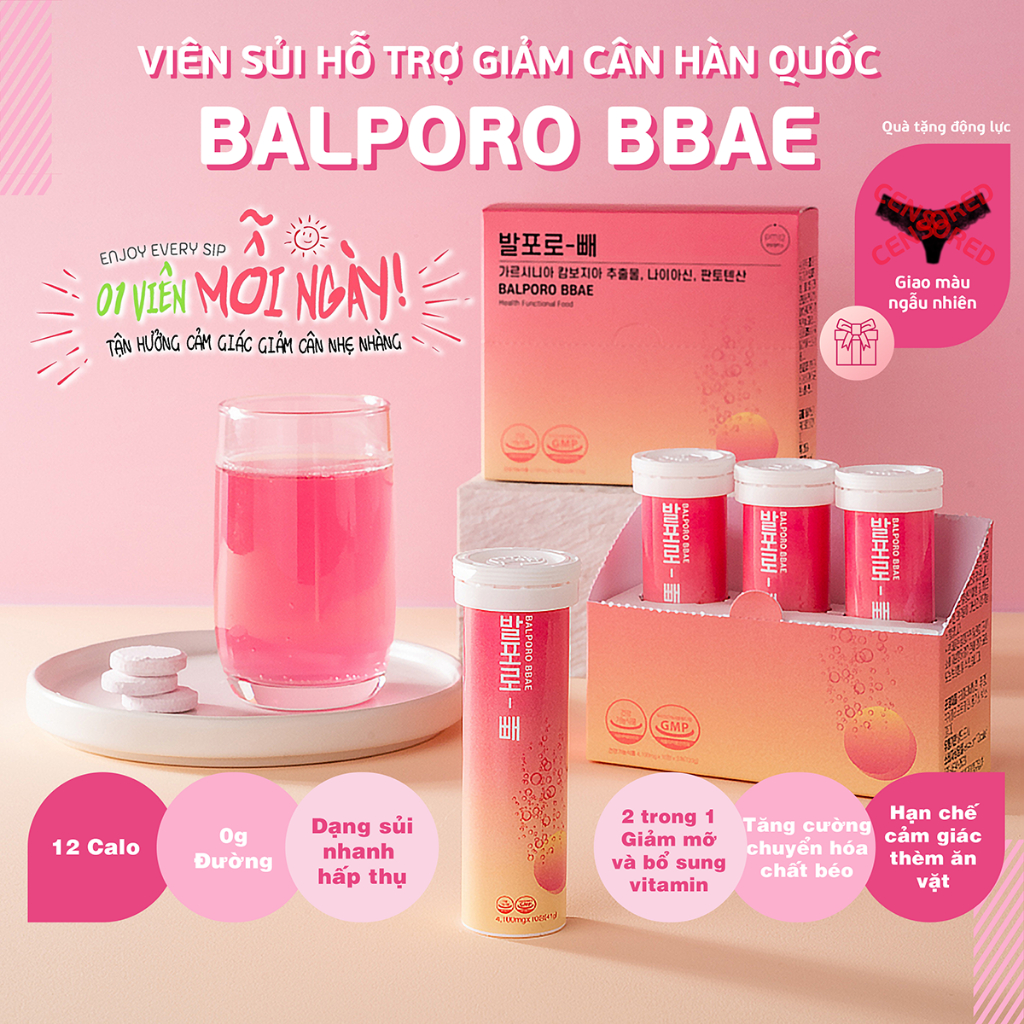 Viên sủi uống hỗ trợ giảm cân hiệu quả chính hãng Balporo BBae Hàn Quốc lọ 10 viên, hộp 3 lọ chuyển hóa chất béo cơ thể.