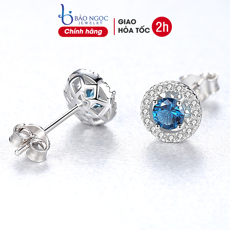 Bông tai bạc nữ s925 xi bạch kim cao cấp dáng tròn đá xanh - B2374 - Bảo Ngọc Jewelry