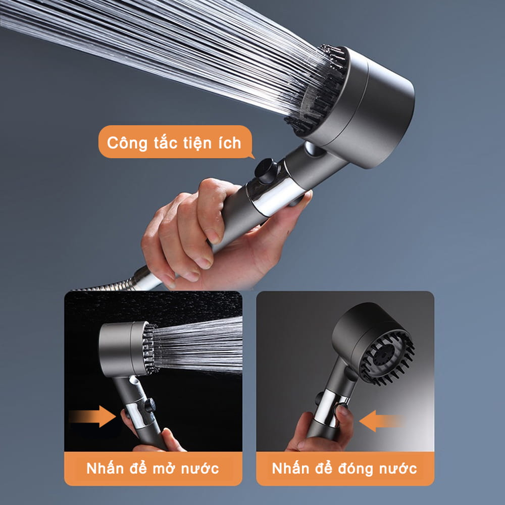 Vòi Sen Tăng Áp - Đầu Vòi Hoa Sen Mát Xa- 4 Trong 1 - 3 Chế Độ Áp Suất Cao Tiết Kiệm Nước - Lõi Cotton Lọc Cho Nhà Tắm