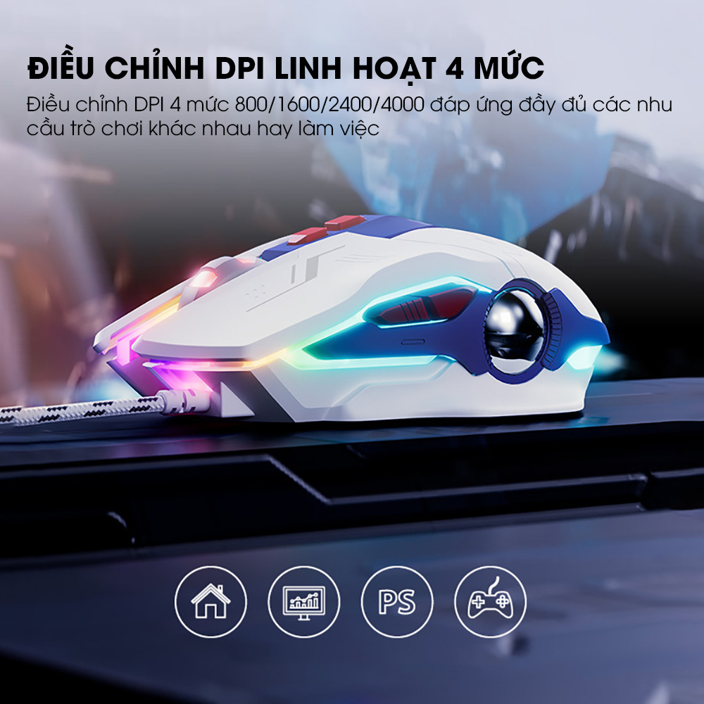 Chuột gaming máy tính có dây Yindiao INPHIC W9 GUNDAM click silent chống ồn DPI 4000 cho gamer và dân văn phòng