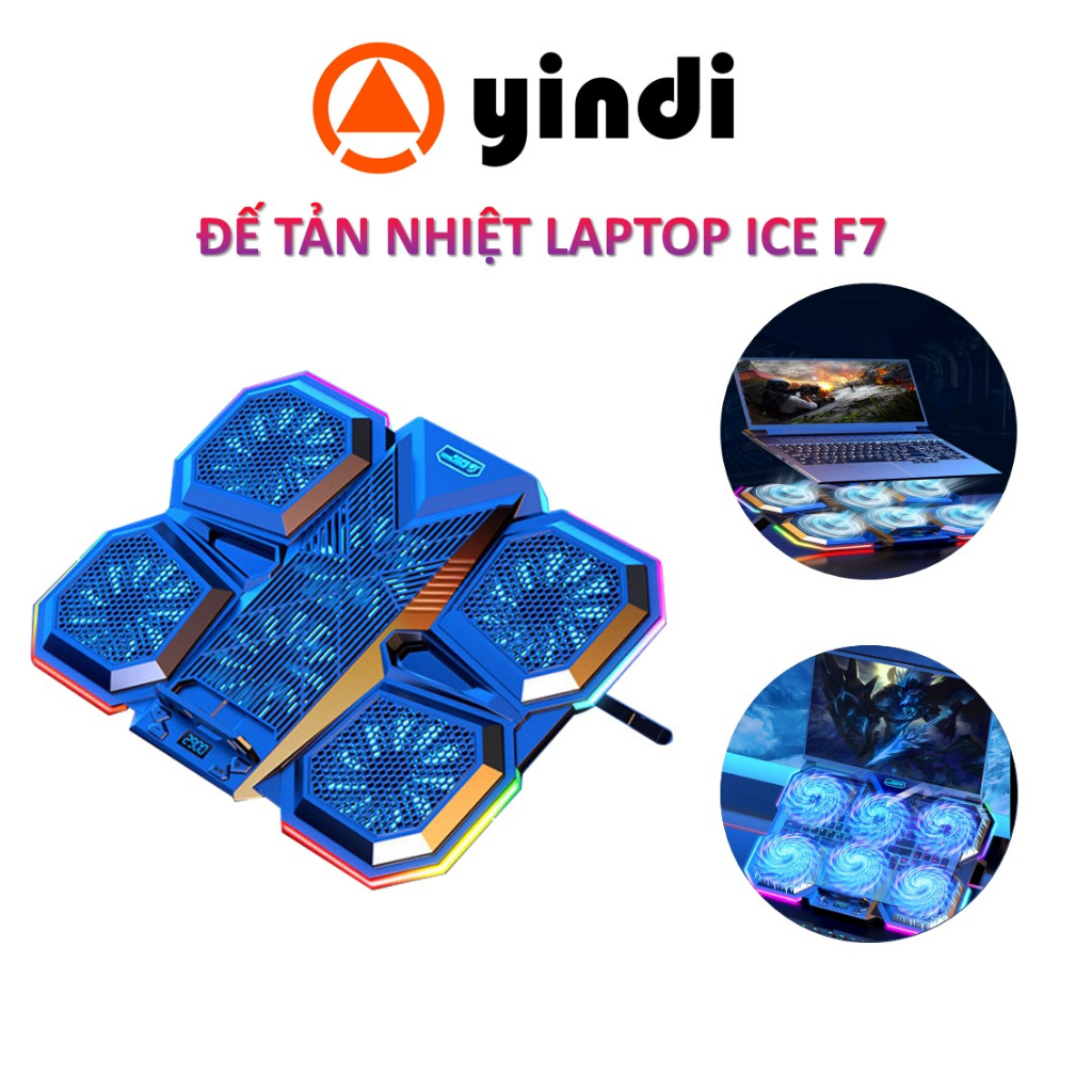 Đế tản nhiệt laptop gaming ICE F7 6 quạt tản nhiệt làm mát nhanh LED RGB 7 nấc tùy chỉnh độ cao