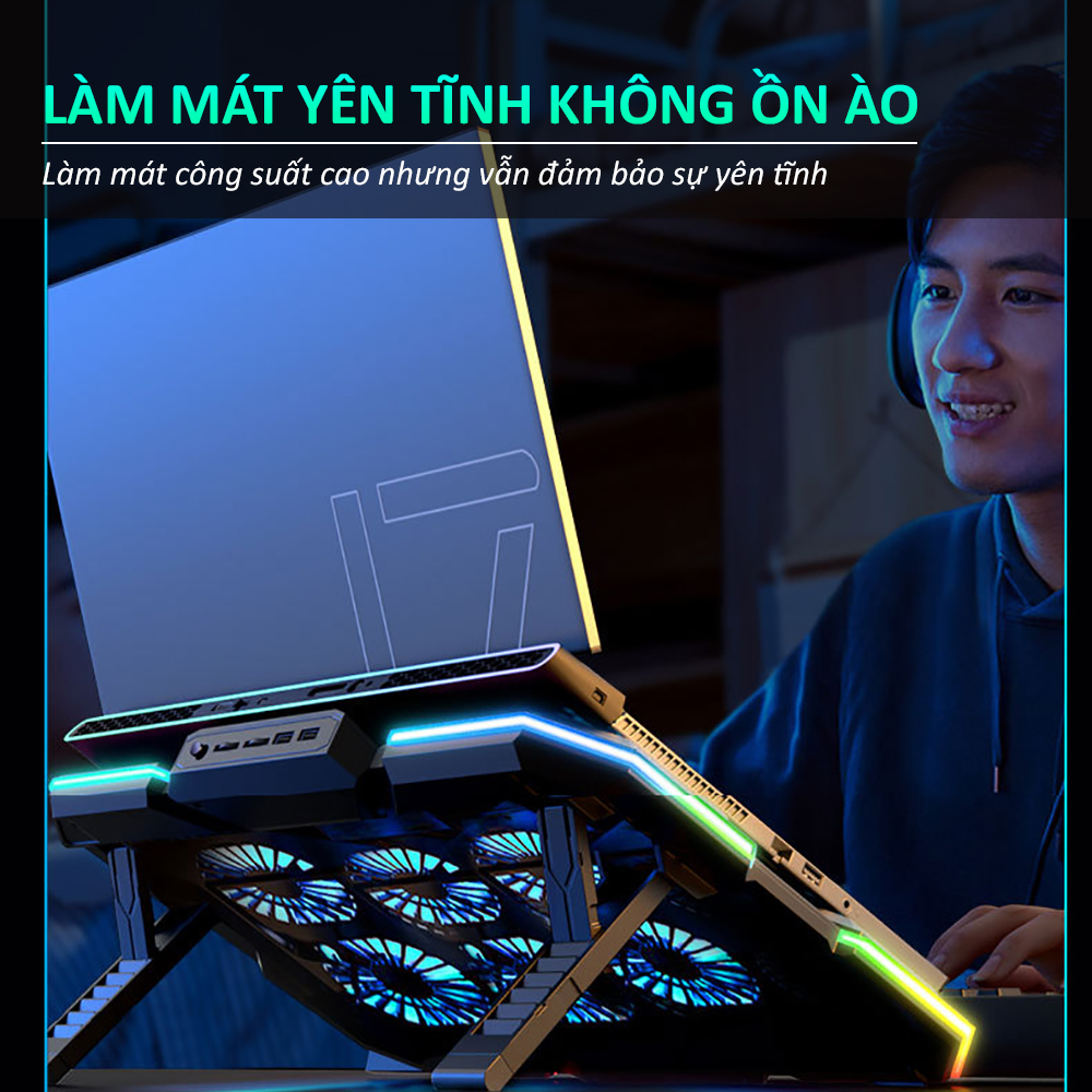 Đế tản nhiệt laptop gaming ICE F7 6 quạt tản nhiệt làm mát nhanh LED RGB 7 nấc tùy chỉnh độ cao
