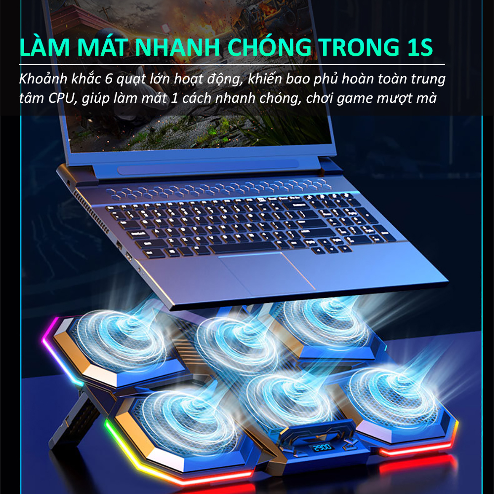 Đế tản nhiệt laptop gaming ICE F7 6 quạt tản nhiệt làm mát nhanh LED RGB 7 nấc tùy chỉnh độ cao