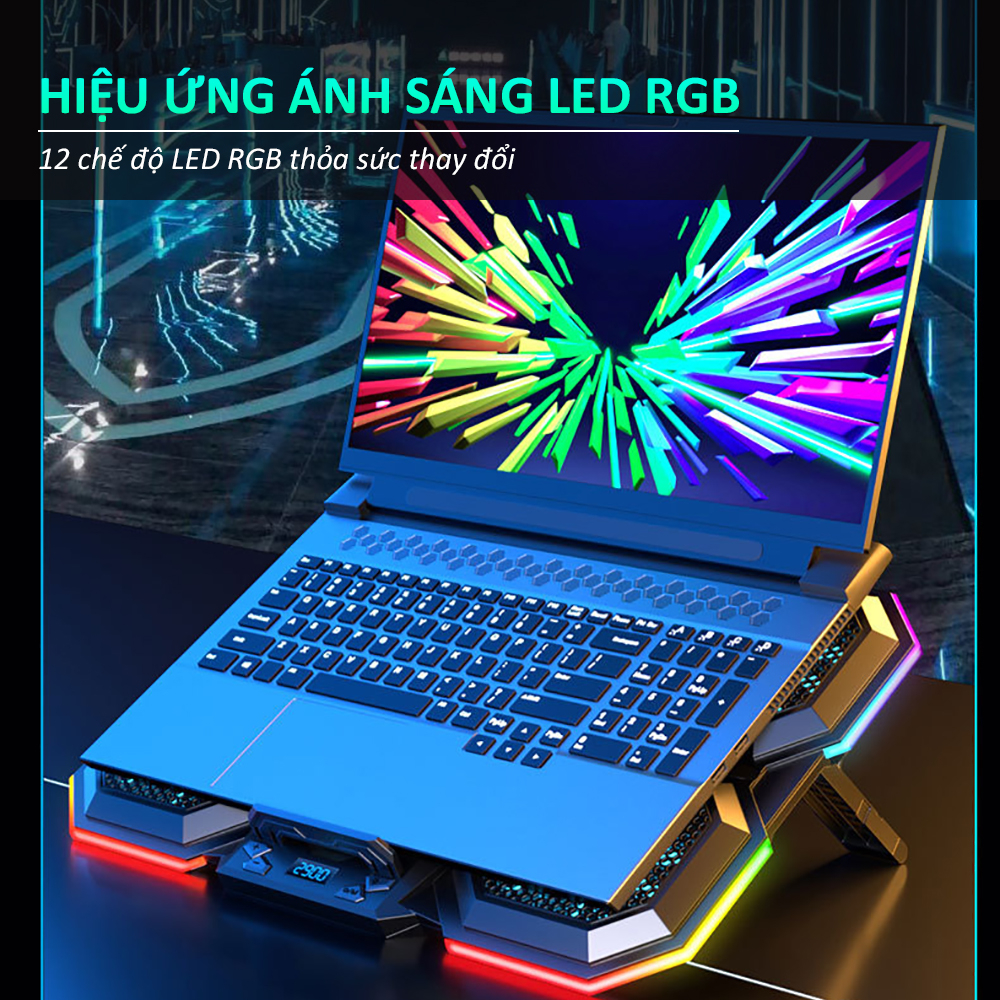 Đế tản nhiệt laptop gaming ICE F7 6 quạt tản nhiệt làm mát nhanh LED RGB 7 nấc tùy chỉnh độ cao