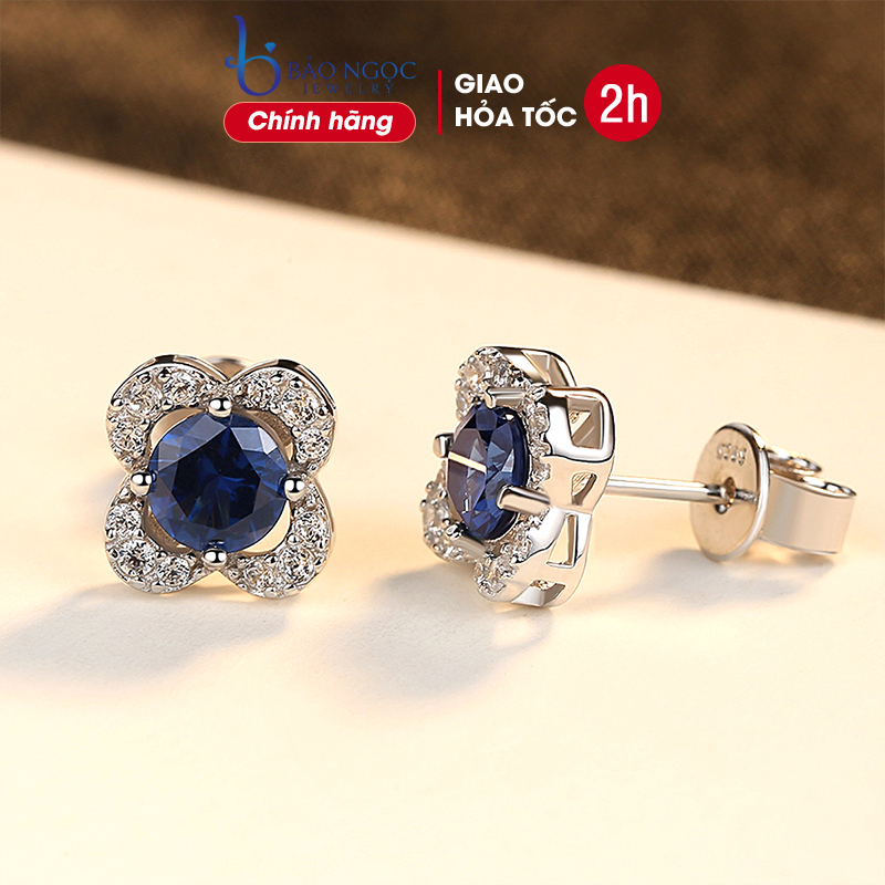Khuyên tai bạc nữ 925 hình bông hoa bốn cánh đính đá xanh đen sang trọng - B2393 - Bảo Ngọc Jewelry