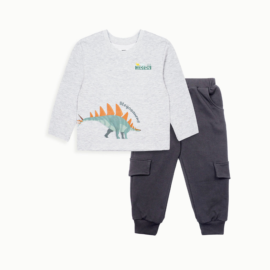 Bộ thu đông cho bé trai Icotton từ 1 đến 10 tuổi họa tiết khủng long màu Ghi BT132